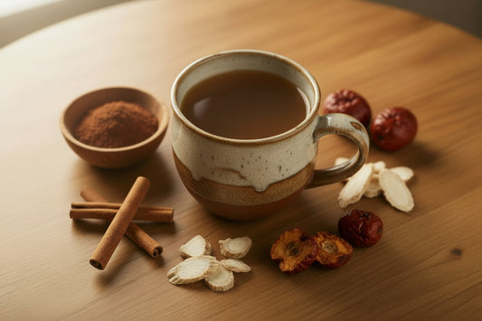 Cup of tea with cinnamon sticks, dried roots, and red dates on a wooden surface