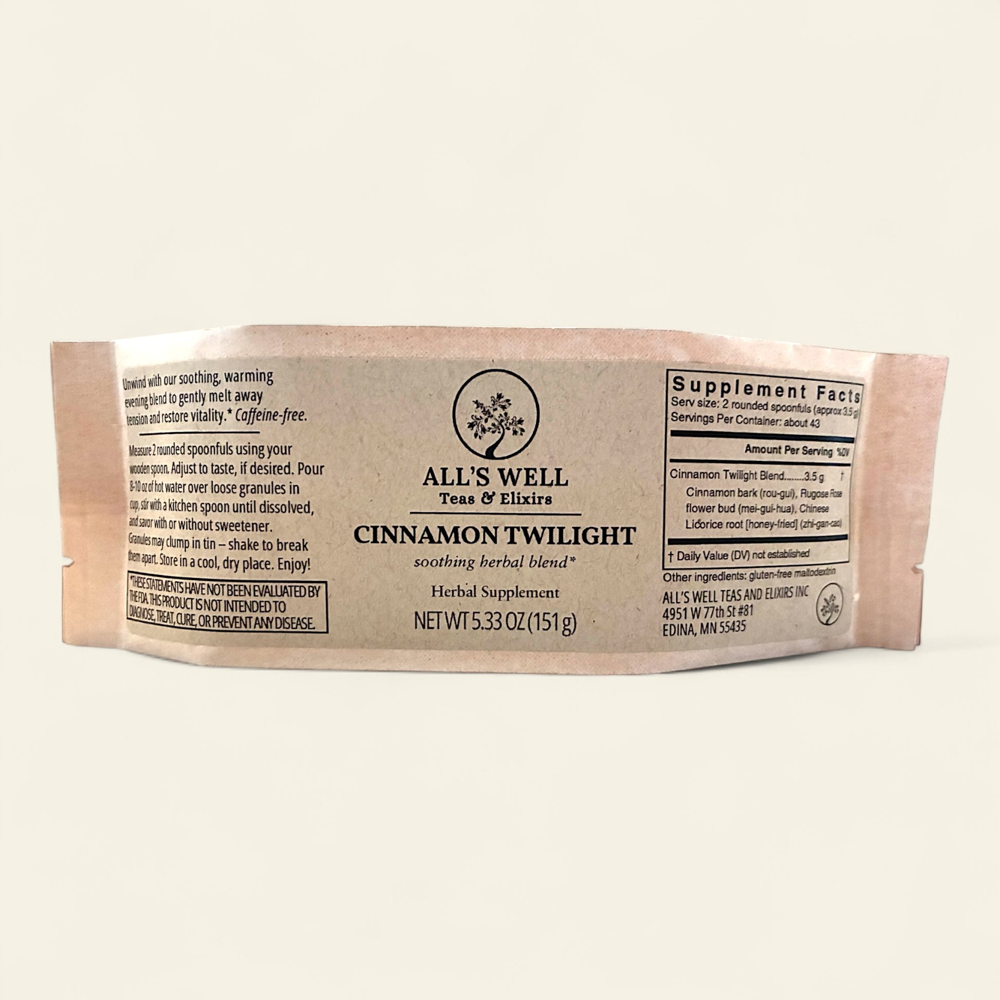 All's Well Teas and Elixirs Cinnamon Twilight - Our soothing, warming evening blend to gently melt away tension and restore vitality.

Package of an herbal supplement on a beige background