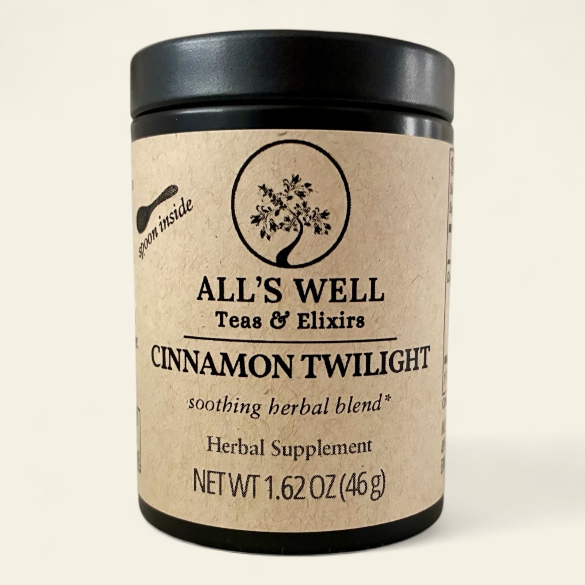 All's Well Teas and Elixirs Cinnamon Twilight - Our soothing, warming evening blend to gently melt away tension and restore vitality.

Tea tin of an herbal supplement on a beige background