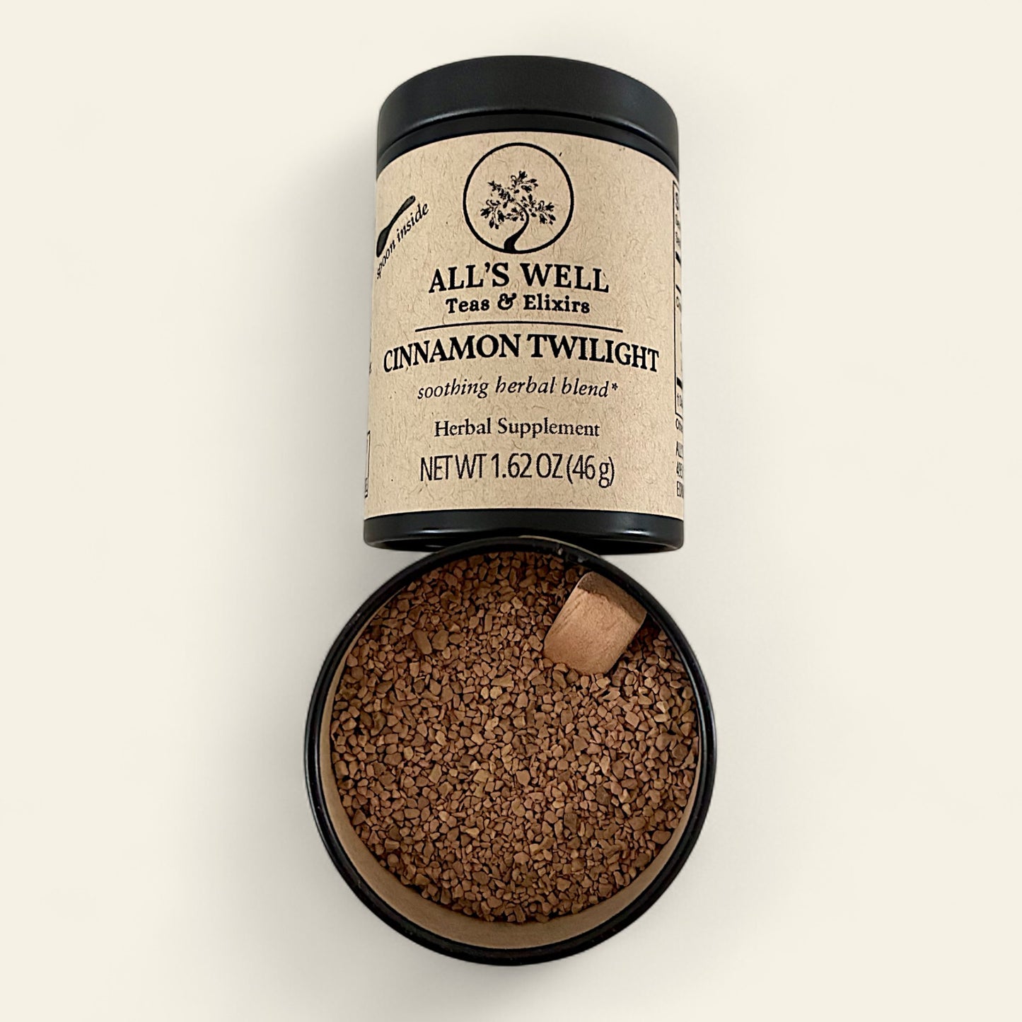 All's Well Teas and Elixirs Cinnamon Twilight - Our soothing, warming evening blend to gently melt away tension and restore vitality.

Herbal supplement tin with visible granules on a light background