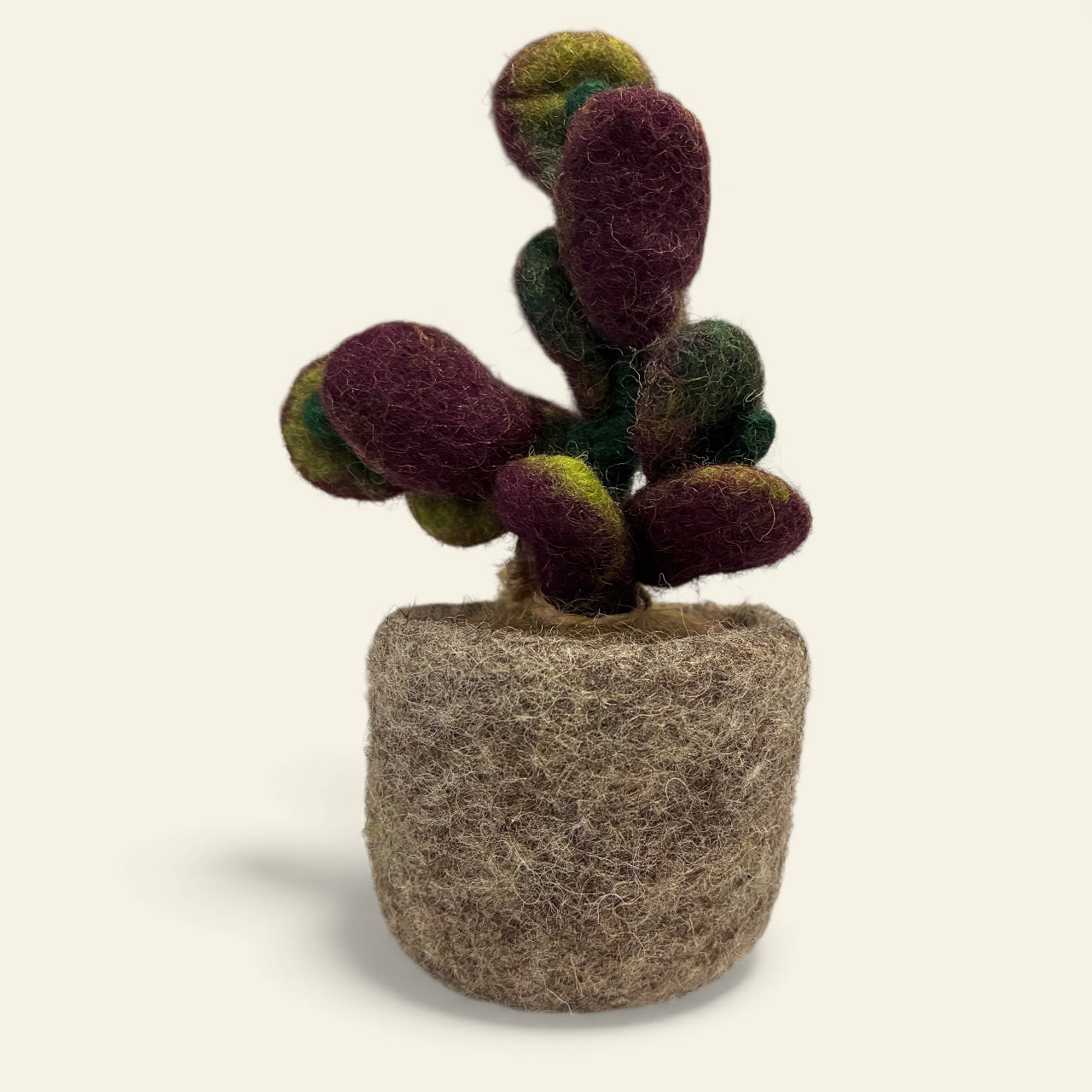 Felted purple succulent plant in a felt pot on a beige background