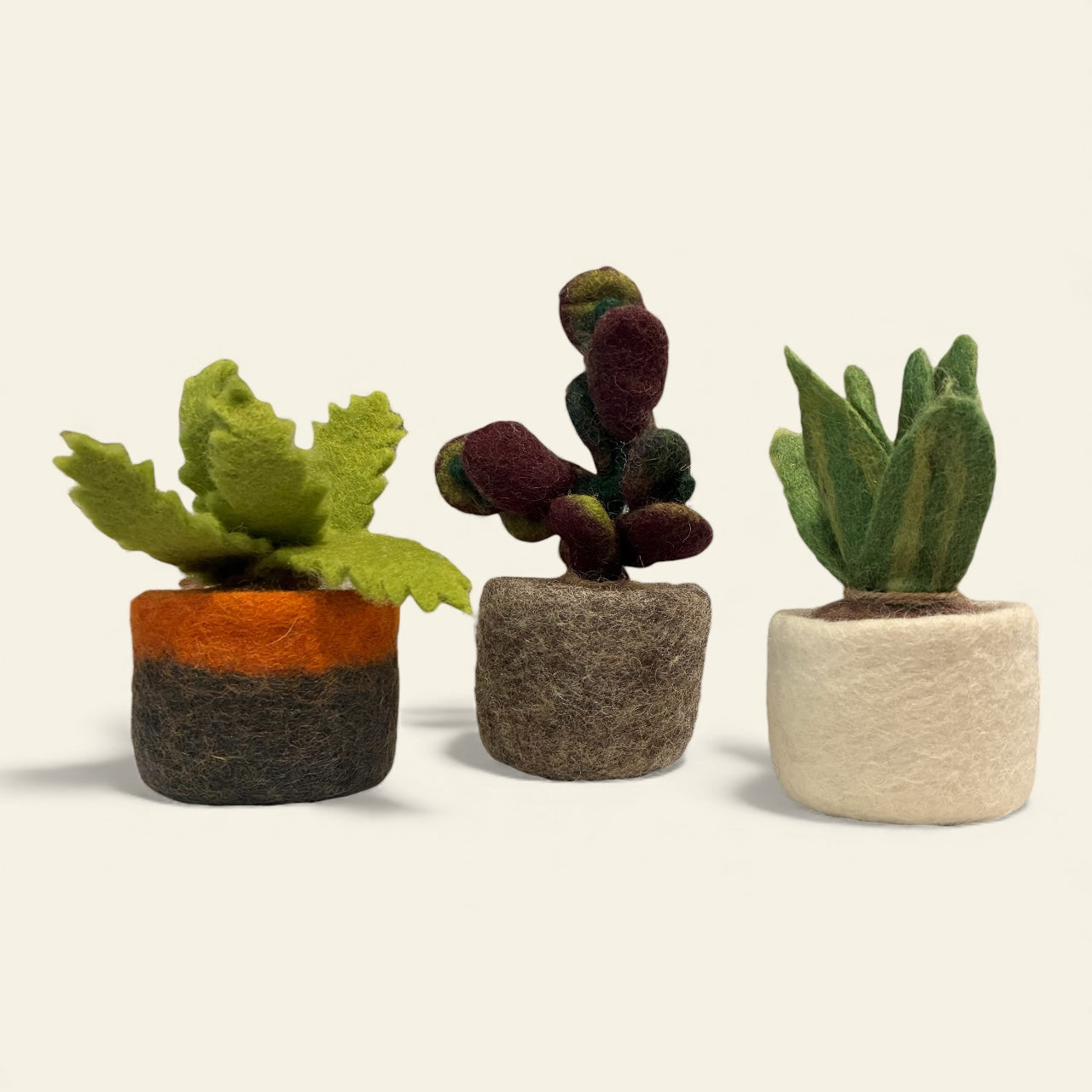Three felted plants in different pots on a beige background