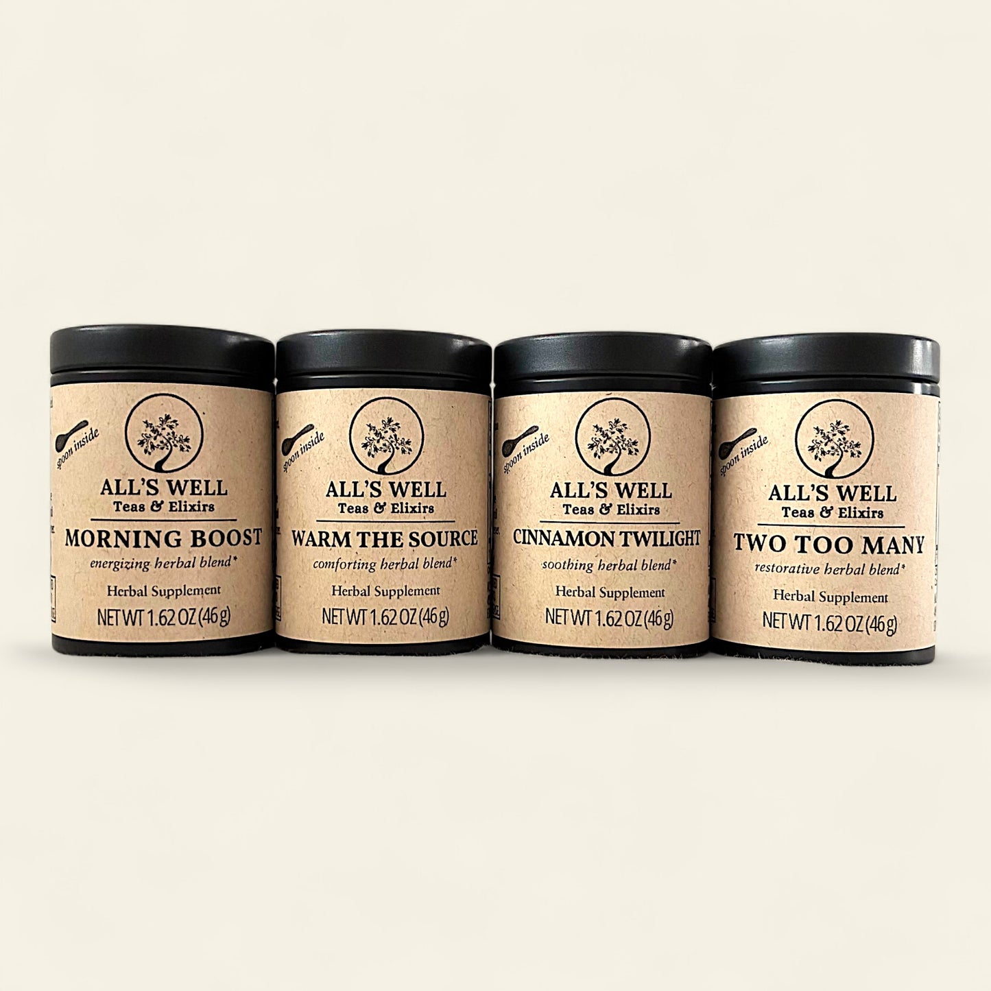 All's Well Teas and Elixirs Deluxe Tasters Flight

Four herbal supplement tins on an off-white background