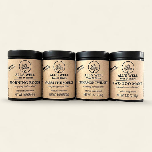 All's Well Teas and Elixirs Deluxe Tasters Flight

Four herbal supplement tins on an off-white background