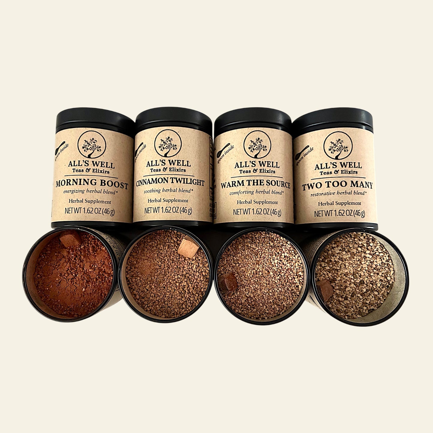 All's Well Teas and Elixirs Deluxe Tasters Flight

Four tins of herbal supplement blends with visible tea granules on a beige background