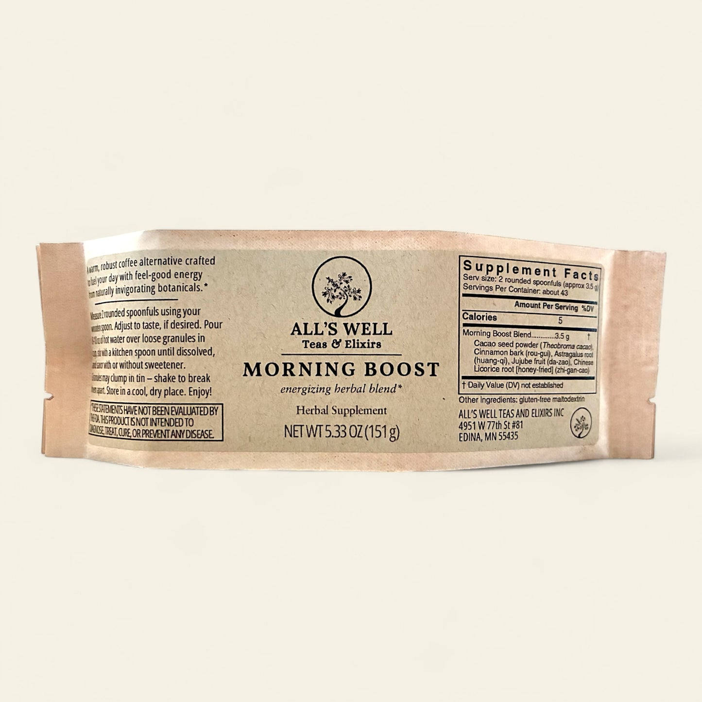 All's Well Teas and Elixirs Morning Boost - A warm, robust coffee alternative crafted to fuel your day with feel-good energy from naturally invigorating botanicals.

Herbal supplement package on a off-white background