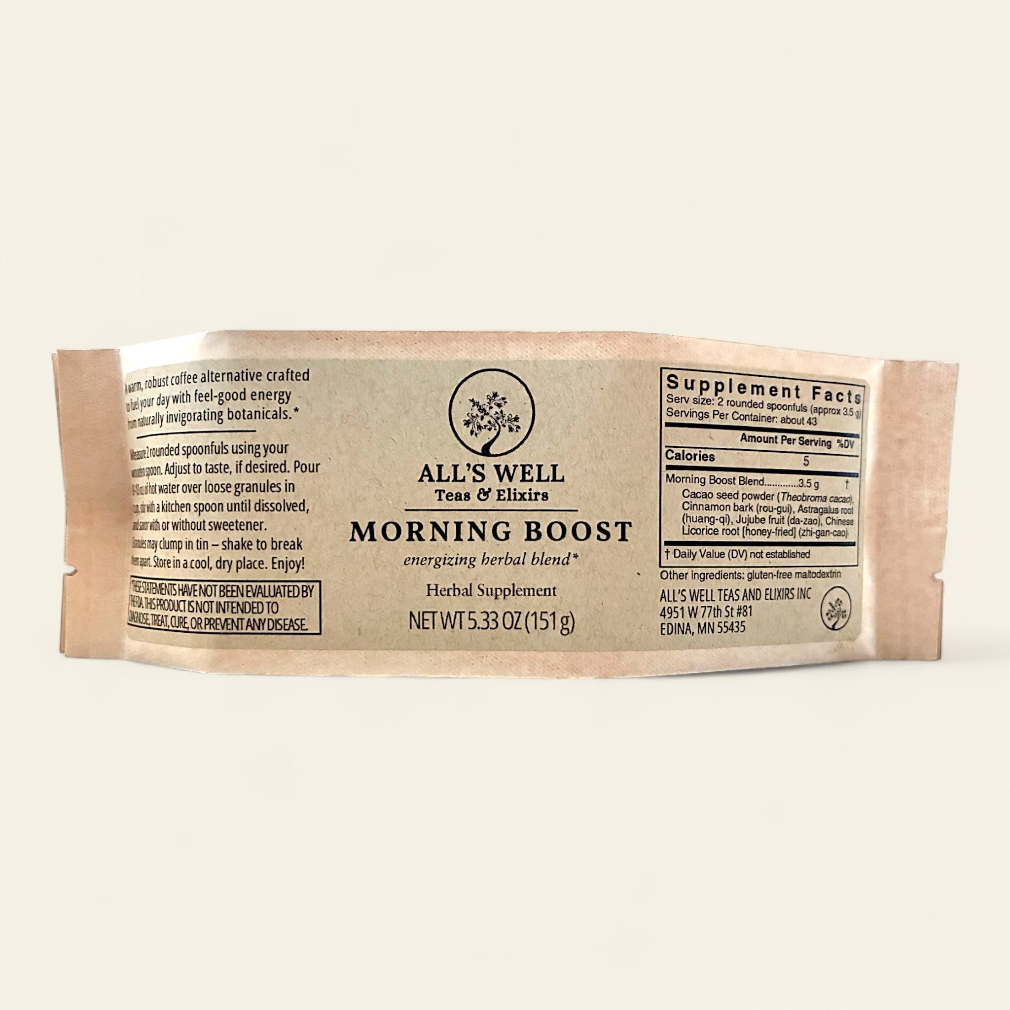 All's Well Teas and Elixirs Morning Boost - A warm, robust coffee alternative crafted to fuel your day with feel-good energy from naturally invigorating botanicals.

Herbal supplement package on a off-white background