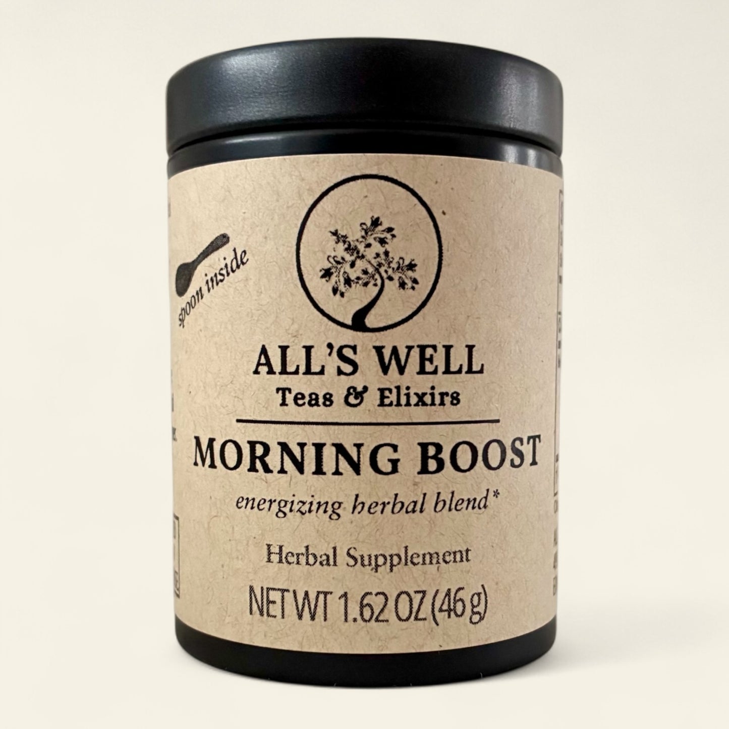 All's Well Teas and Elixirs Morning Boost - A warm, robust coffee alternative crafted to fuel your day with feel-good energy from naturally invigorating botanicals.

Tin of an herbal supplement on a beige background