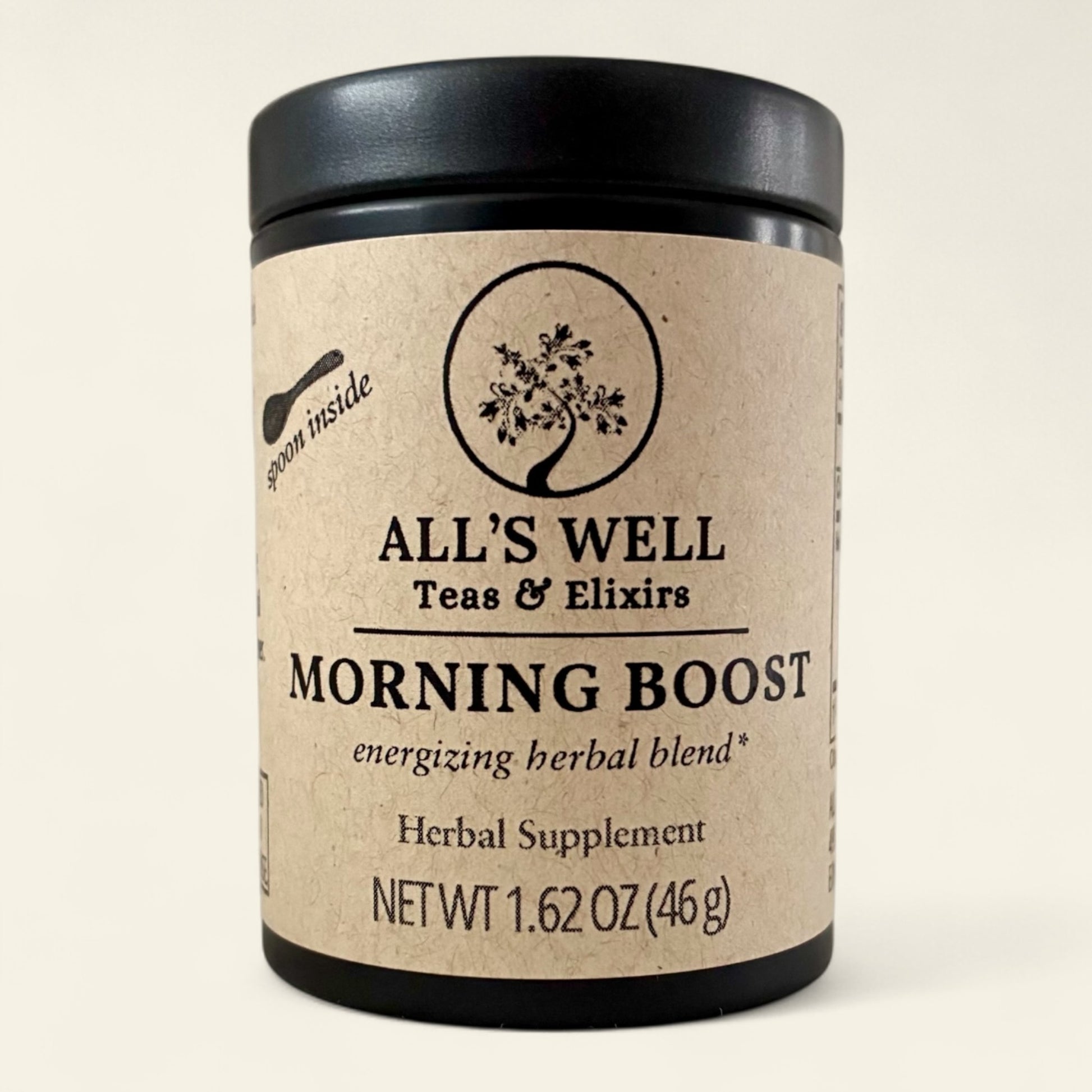 All's Well Teas and Elixirs Morning Boost - A warm, robust coffee alternative crafted to fuel your day with feel-good energy from naturally invigorating botanicals.

Tin of an herbal supplement on a beige background