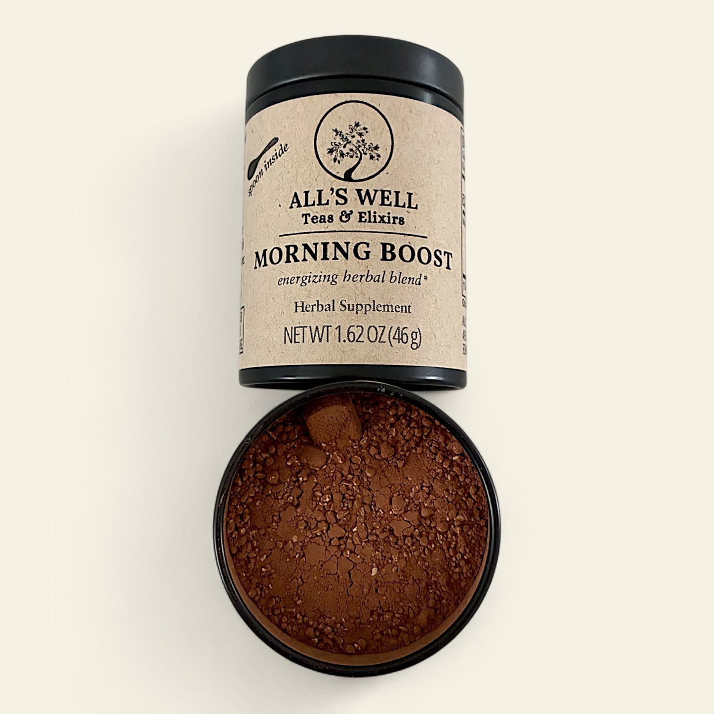 All's Well Teas and Elixirs Morning Boost - A warm, robust coffee alternative crafted to fuel your day with feel-good energy from naturally invigorating botanicals.

Herbal supplement container on a beige background