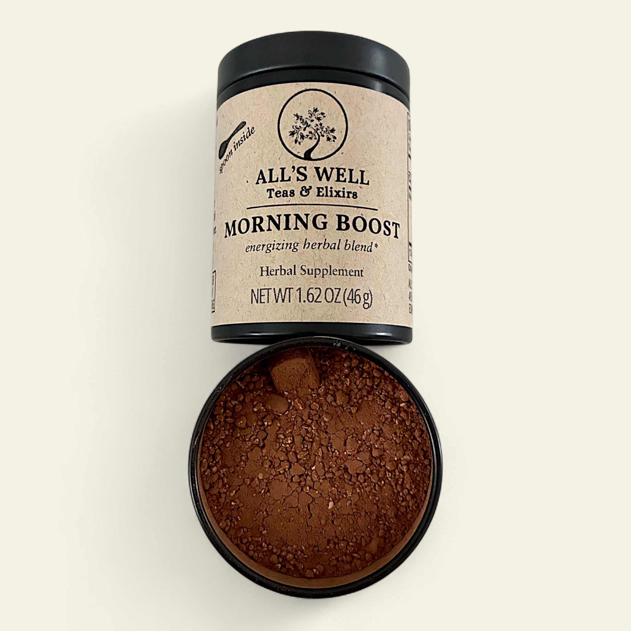 All's Well Teas and Elixirs Morning Boost - A warm, robust coffee alternative crafted to fuel your day with feel-good energy from naturally invigorating botanicals.

Herbal supplement container on a beige background