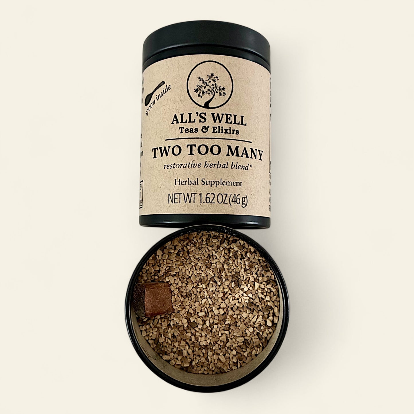 All's Well Teas and Elixirs Two Too Many - Our detoxifying, restorative blend to ease digestion and soothe discomfort after overindulgence or imbalance.

Herbal supplement tin with visible tea granules on an off-white background