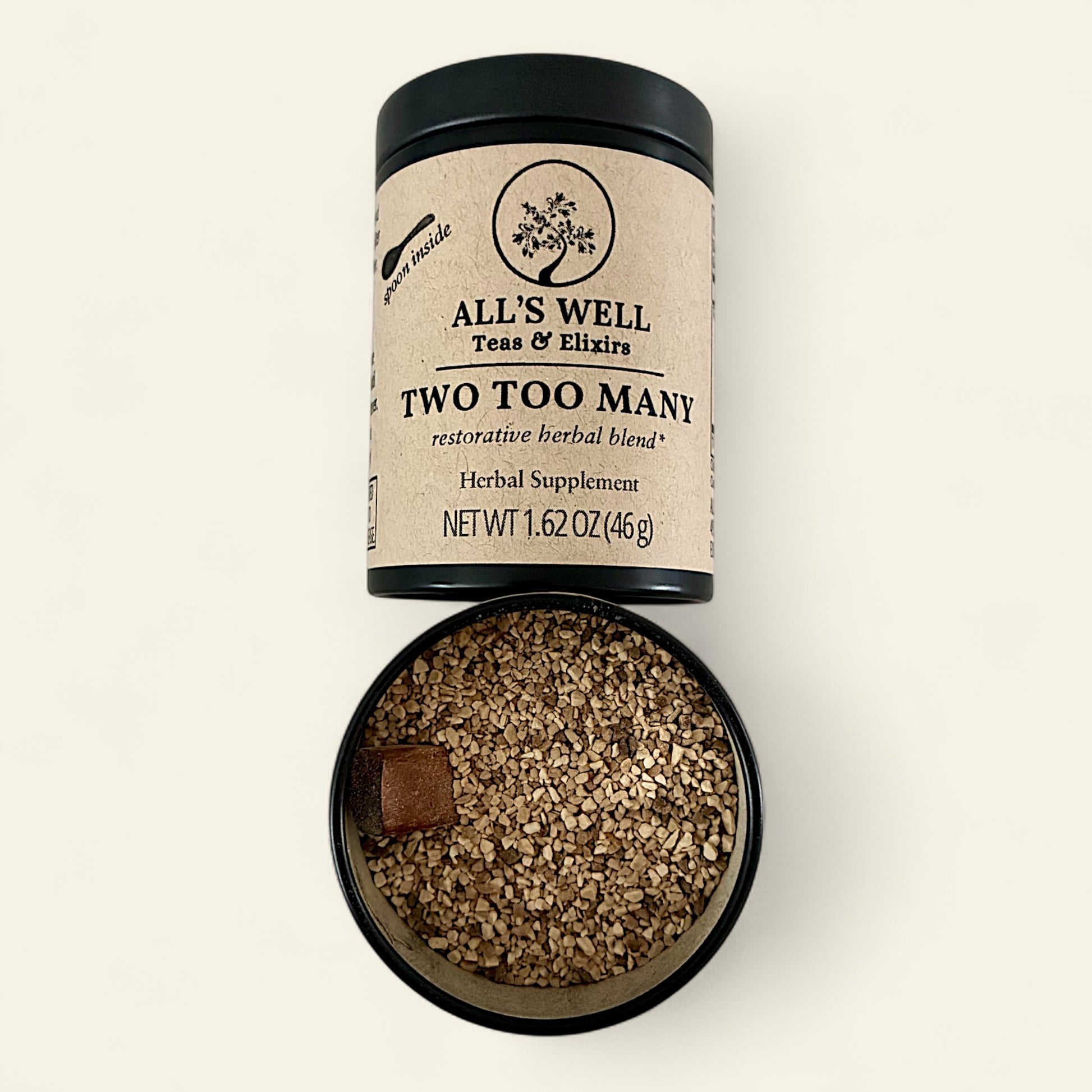 All's Well Teas and Elixirs Two Too Many - Our detoxifying, restorative blend to ease digestion and soothe discomfort after overindulgence or imbalance.

Herbal supplement tin with visible tea granules on an off-white background