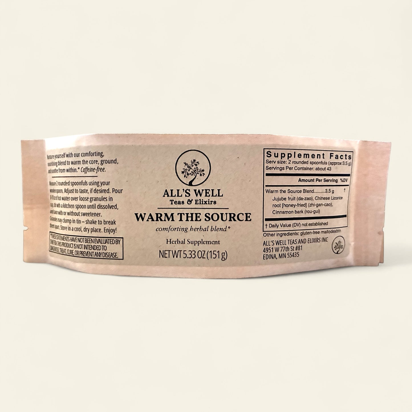 All's Well Teas and Elixirs Warm the Source - Our comforting, nourishing blend to warm the core, ground, and soothe from within.

Herbal supplement package on an off-white background