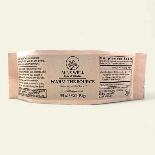 All's Well Teas and Elixirs Warm the Source - Our comforting, nourishing blend to warm the core, ground, and soothe from within.

Herbal supplement package on an off-white background