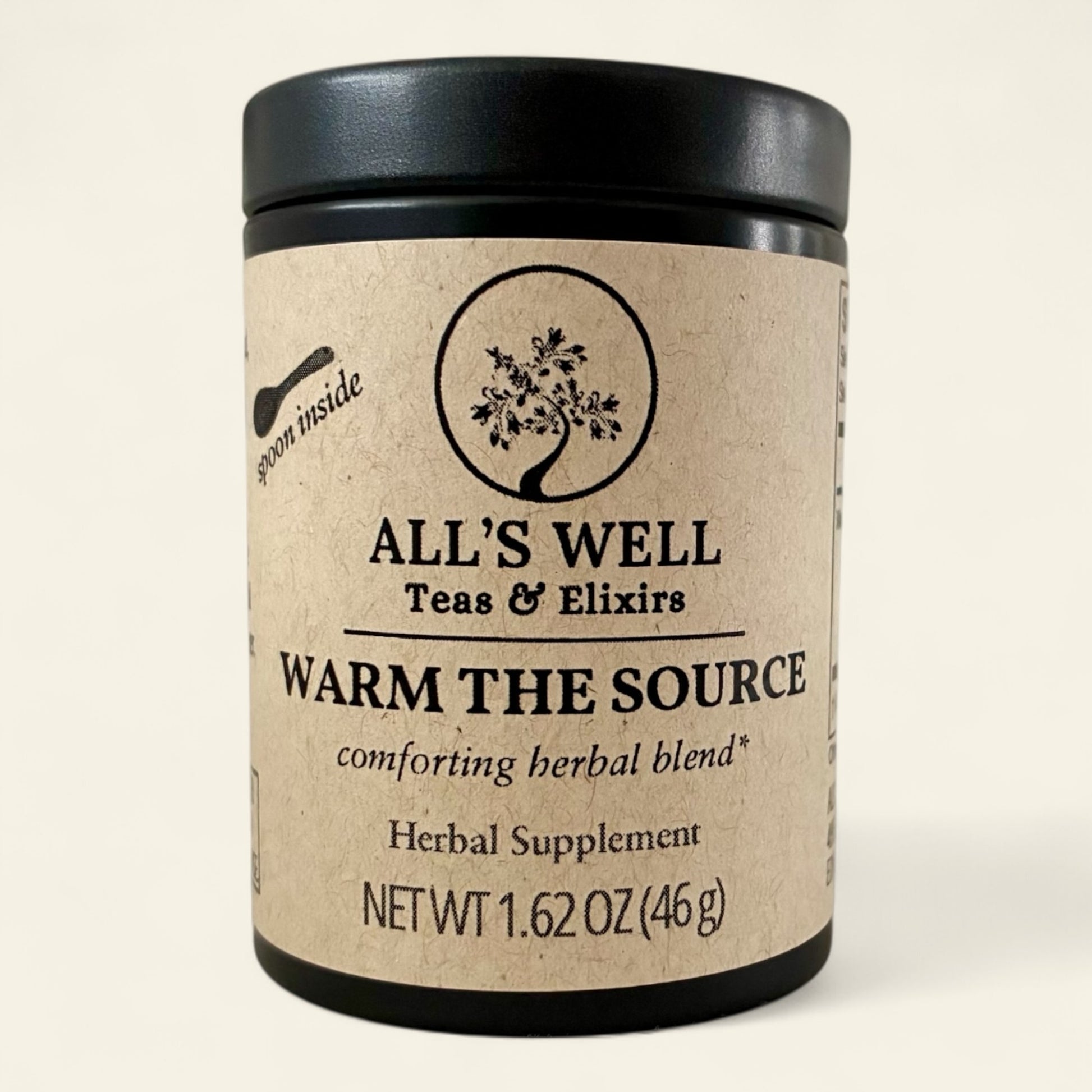 All's Well Teas and Elixirs Warm the Source - Our comforting, nourishing blend to warm the core, ground, and soothe from within.

Tin of an herbal supplement tea blend on a beige background