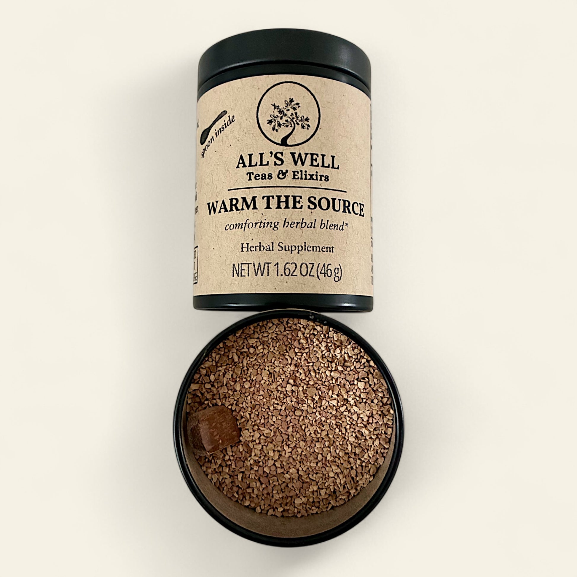 All's Well Teas and Elixirs Warm the Source - Our comforting, nourishing blend to warm the core, ground, and soothe from within.

Herbal supplement tin with visible tea granules on an off-white background